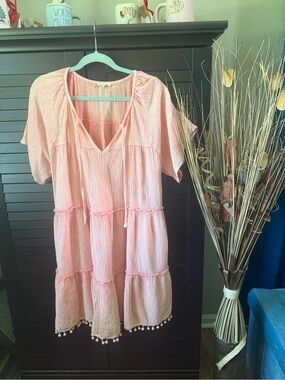 easel Light Pink Gauze Tunic with Pom Trim